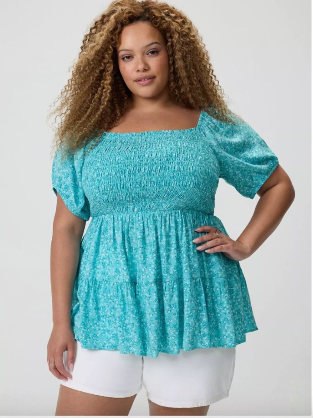 Torrid Challis Smocked Babydoll Floral Blue Summer Flowy Top Womens Plus Size 2